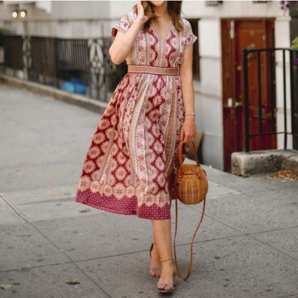 Gal Meets Glam Liza Red Floral Paisley Print V Neck Satin Maxi Dress